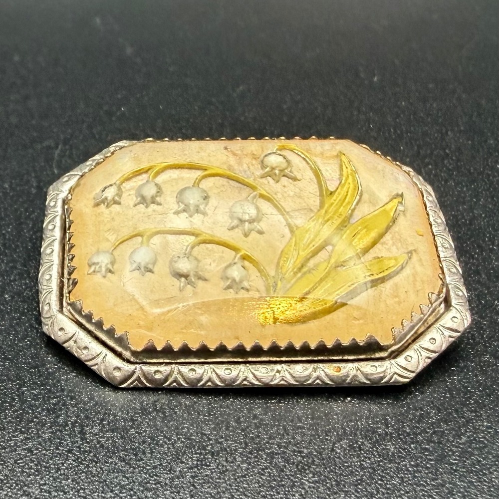 Vintage Reverse Carved Glass Brooch Silver Tone Lily of the Valley Goofus Glass - Picture 9 of 12